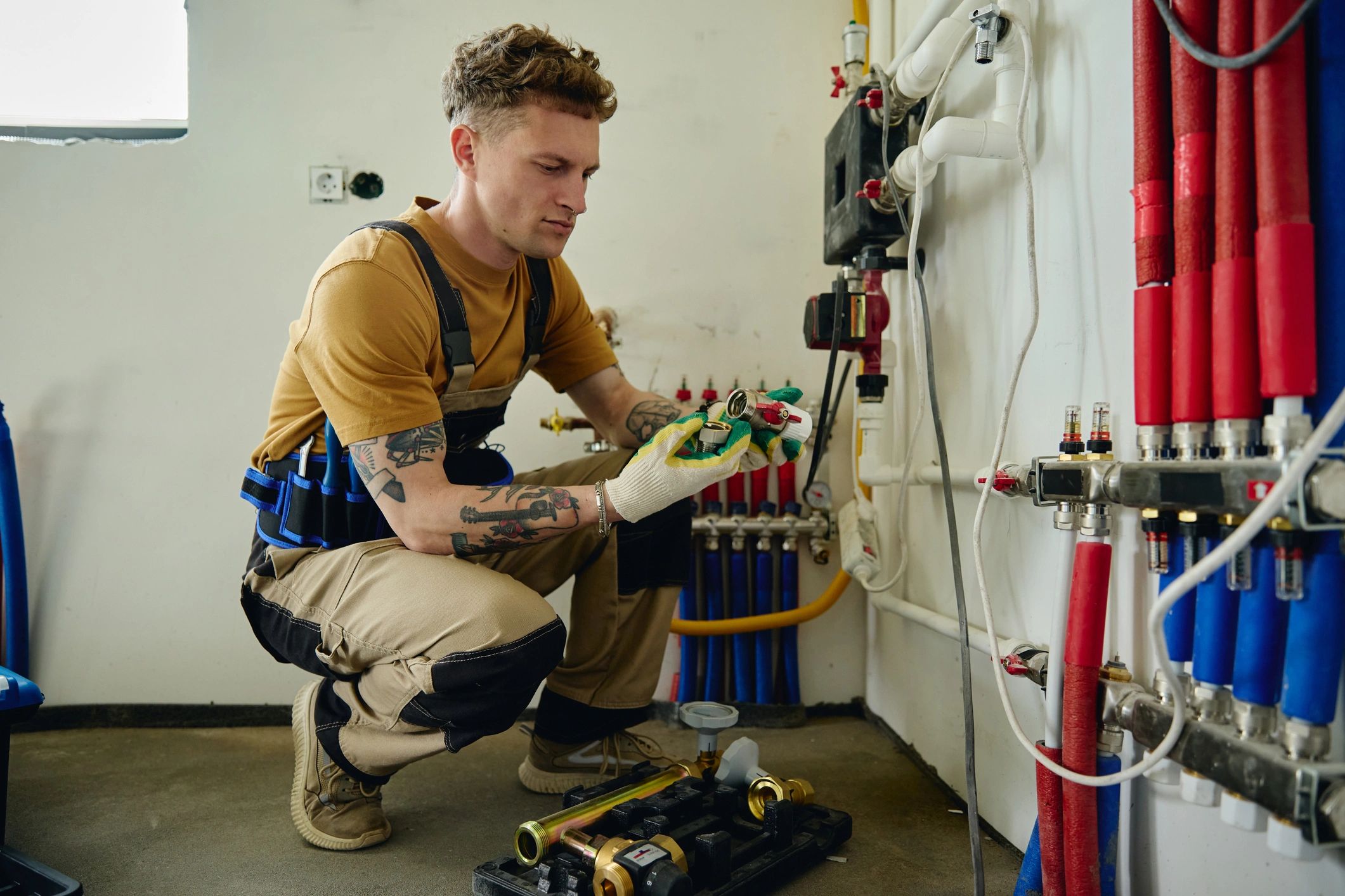 Plumber installing a water heating system
