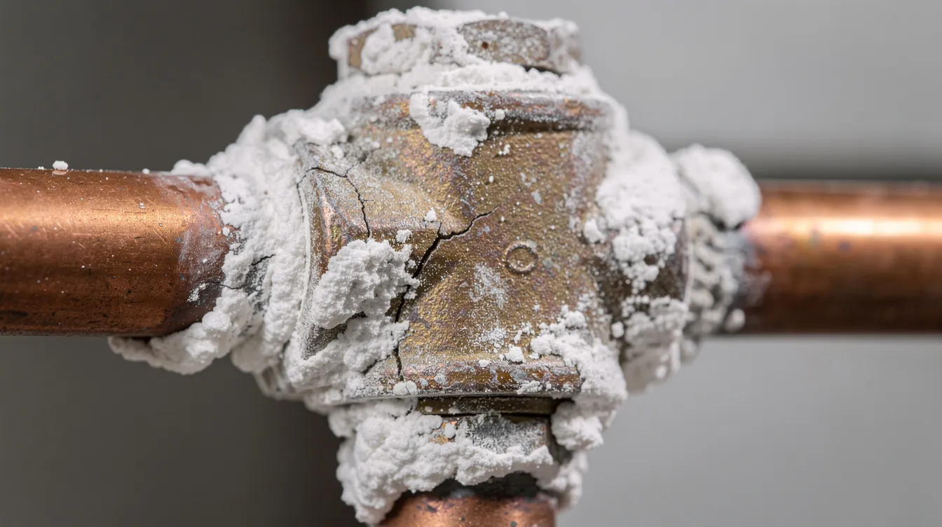 A close-up view showcases white mineral scale deposits encrusting a copper pipe fitting, highlighting the effects of hard water in urban areas like Simi Valley, California. The image illustrates the challenges faced by residents in maintaining plumbing systems in regions with a Mediterranean climate.