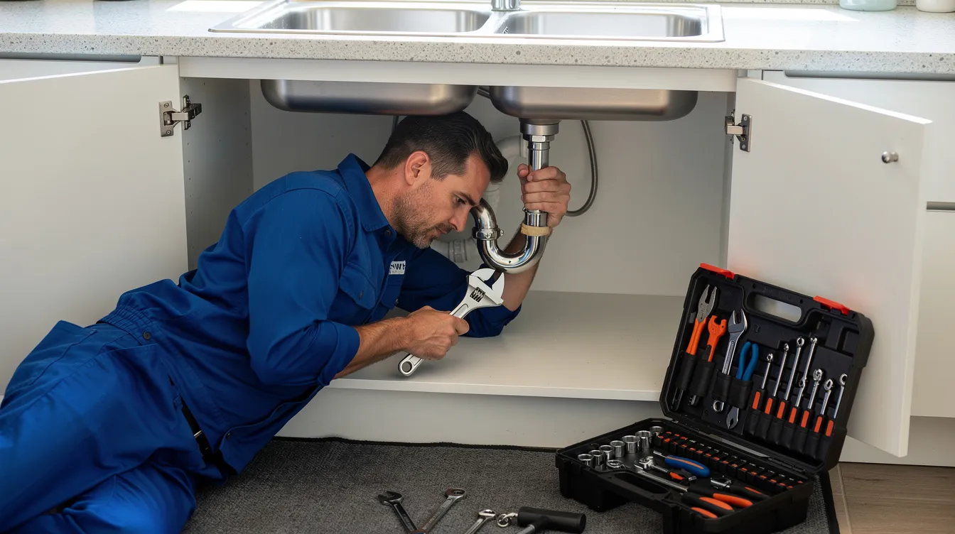 A professional plumber in work clothes is using a wrench to tighten a pipe fitting under a kitchen sink, demonstrating skilled craftsmanship typical of service providers in Simi Valley. The scene highlights the importance of local tradespeople in maintaining the functionality of homes in Southern California.