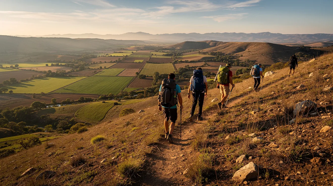 A group of hikers is walking along a dusty trail on a hillside, enjoying panoramic views of the lush green and brown valley below, which is part of the scenic Simi Valley region in Southern California. The surrounding hills and the Santa Susana Mountains create a beautiful backdrop, reflecting the area's community pride and connection to nature.