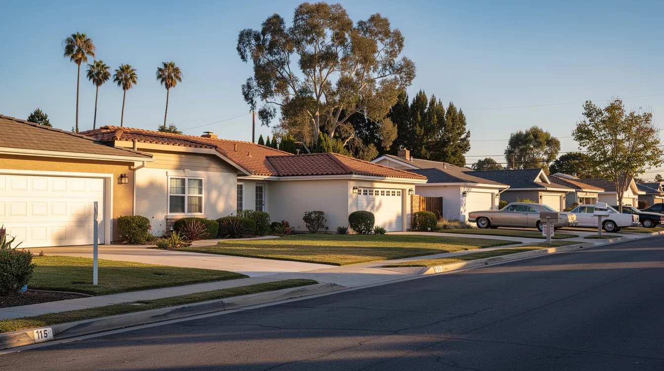 The image depicts rows of mid-century ranch-style suburban homes with stucco walls and tile roofs, set along a quiet street in Simi Valley, California. The scene reflects the community's character, showcasing the charming architectural style typical of Southern California neighborhoods.